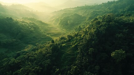 Fototapeta premium Aerial view of lush green terraced rice fields in mountainous landscape