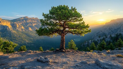 Majestic mountaintop tree at sunrise