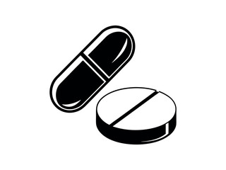 illustration of a pill and a capsule, black and white illustration of a capsule and a pill, minimalist graphic showcasing a pill and a capsule, pill, capsule, medicine, healthcare, pharmacy, drug, med