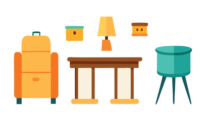 Set of vector furniture icons illustrating office and home interior designs with tables, chairs, sofas, and beds