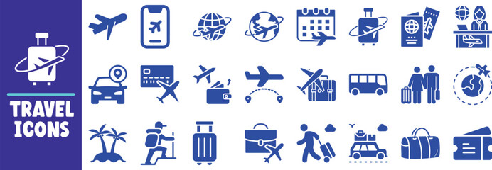 Travel icons set global journey airplane flight trip