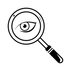 Magnifying Glass with Eye Inside Vector Illustration. A black and white vector illustration of a magnifying glass with a detailed human eye inside the lens.