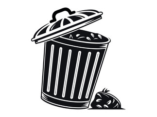 Vector illustration of a filled trash can with open lid, Open trash can silhouette against a plain background, Trash Can with Waste Bag, trash can, garbage can, waste bin, disposal, sanitation, icon.