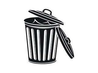 Vector illustration of a filled trash can with open lid, Open trash can silhouette against a plain background, Trash Can with Waste Bag, trash can, garbage can, waste bin, disposal, sanitation, icon.