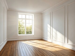 Fototapeta premium Bright room with wooden floor and white walls featuring a window with natural light streaming through it