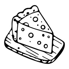 Black and white hand drawn style illustration of cheese slice on wooden board isolated on transparent background, ideal for coloring books or food themed designs. Vector art