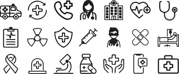 healthcare, medical, health, hospital, doctor, ambulance, call, phone, heartbeat, stethoscope, clipboard, x-ray, shield, syringe, nurse, bandage, 