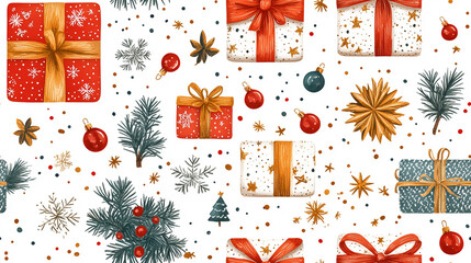 Christmas gifts, ornaments, fir branches on white background for festive design