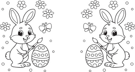 easter, bunny, rabbit, egg, painting, paintbrush, flower, butterfly, doodle, outline, coloring page, black and white, illustration, vector, springtime, cute, 
