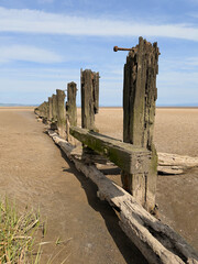Old timber groyne stretching across the sand at low tide.