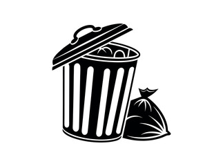 Vector illustration of a filled trash can with open lid, Open trash can silhouette against a plain background, Trash Can with Waste Bag, trash can, garbage can, waste bin, disposal, sanitation, icon.