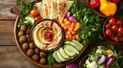 Fototapeta premium Exquisite Mediterranean Platter Featuring Hummus, Falafel, Pita Bread and Fresh Vegetables