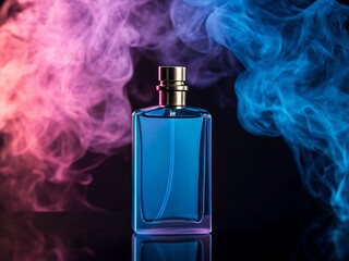 A blue perfume bottle with a gold cap surrounded by pink and blue smoke on a dark background studio shot