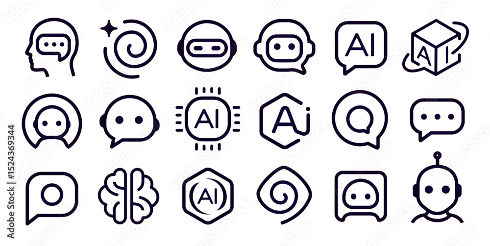 Poster ai chatbot icons set, smart assistant, linear brain, minimal chip sign, speech stylised emblem. robo