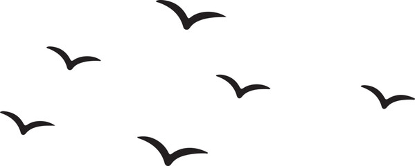 birds, flock, silhouettes, flying, flight, sky, freedom, nature, wildlife, travel, movement, minimalist, simple, graphic, black, white, vector, illustration, 