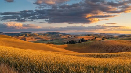 Fototapeta premium Golden Fields of Tuscany at Sunset: A picturesque landscape with rolling hills