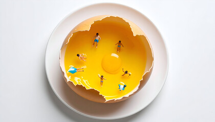 A cracked egg with its yolk forming a golden pool. Tiny swimmers and floats create a playful, surreal twist on breakfast.