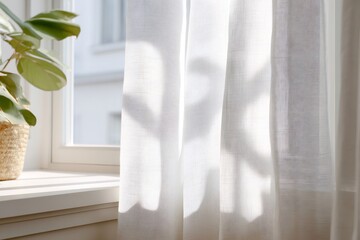 Sunlight shining through white transparent curtains in apartment window with plant
