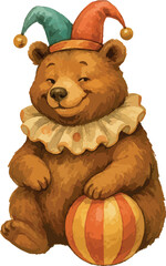 A 
sticker  cheerful bear dressed as a circus clown with a jester hat and ruffled collar sits happily while holding a striped red and yellow ball.