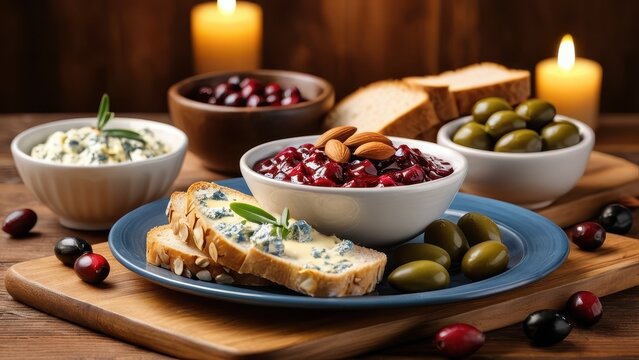 Blue cheese wheel surrounded by cranberry sauce bread slices, roasted almonds and marinated olives in ceramic bowls on rustic wooden table, bokeh background. Perfect for gourmet food concepts.