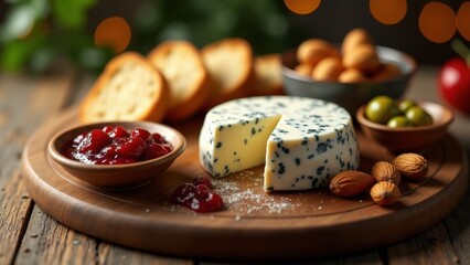 Blue cheese wheel surrounded by cranberry sauce bread slices, roasted almonds and marinated olives in ceramic bowls on rustic wooden table, bokeh background. Perfect for gourmet food concepts.