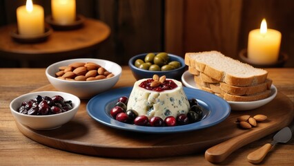 Blue cheese wheel surrounded by cranberry sauce bread slices, roasted almonds and marinated olives in ceramic bowls on rustic wooden table, bokeh background. Perfect for gourmet food concepts.