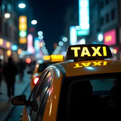 yellow taxi cabs lined on a busy city street illuminated by diffused city lights