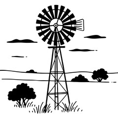 Windmill Line Art Vector Illustration Rural Landscape
