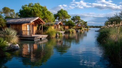 Obraz premium Immersive Waterway Reflection at Eco-Resort – Luminous Lake Composition for Sustainable Travel and Digital Wellness Visual Campaigns