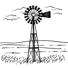 Windmill Line Art Vector Illustration Rural Landscape Design