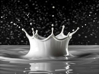 A monochrome image showcasing a milk splash with droplets against a blurred dark background in a studio shot