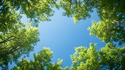 Looking up through lush green treetops to the vibrant blue sky above nature