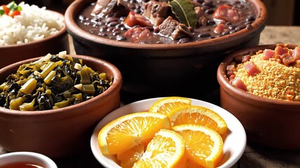 Feijoada Feast: A delightful arrangement of a traditional Brazilian feijoada meal. This culinary creation is a celebration of rich flavors and cultural heritage. 