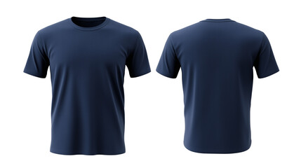 A plain deep blue color t-shirt displayed front side and back side isolated on a transparent background