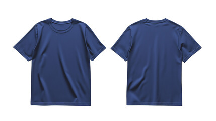 A plain deep blue color t-shirt displayed front side and back side isolated on a transparent background