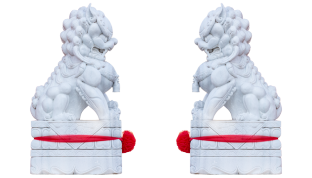 Antique Chinese lion statue made of white marble isolated on white background.