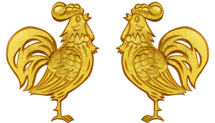 Two golden roosters carved in the style of feet, used for Chinese New Year, isolated on white background. © wannasak