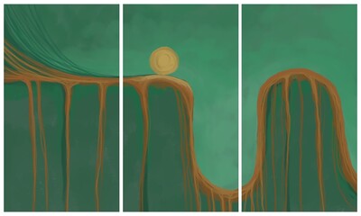 Modern interior triptych. The picture is painted by hand on a tablet.