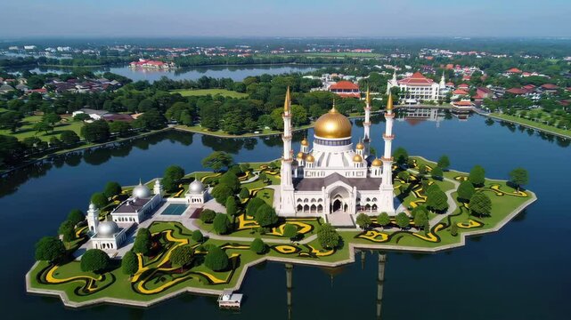 Ar rahman mosque reflecting on a lake in brunei darussalam
