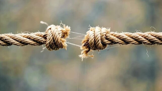 This footage showcases a close-up of a frayed rope bound in knots. It represents resilience and the challenges faced. Ideal for symbolism in video projects. Generative AI