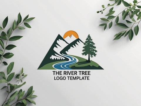 Serene River Tree Logo Template Mountain, Nature, Sunrise Design