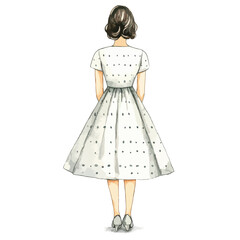 Watercolor Illustration of Woman in Polka Dot Dress Rear View