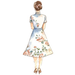 Watercolor Illustration of Woman in Floral Dress Viewed from Behind
