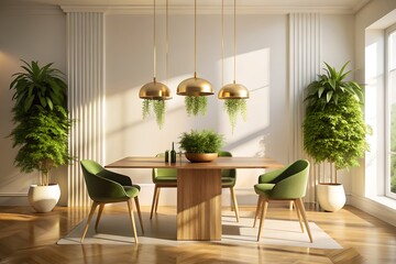 Minimalist Dining Corner with Curved Oak Table & Emerald Plants – Golden Hour Glow