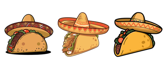 Cute Cartoon Tacos with Sombreros Vector Illustration Set for Mexican Food and Cinco de Mayo Designs