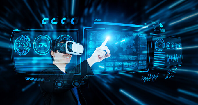 Smart business man with goggles working while using AI technology. Manager accessing at global network and using artificial intelligence while looking at data analysis and statistic chart. Ingenuity. - Powered by Adobe