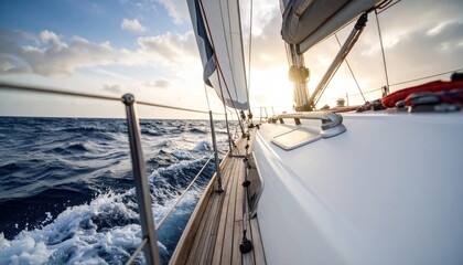 Sailing adventure on open ocean, riding waves under sunlight, exhilarating journey