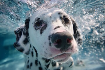A playful Dalmatian dog swims joyfully underwater, the rippling water and bubbles creating a dynamic, lively scene in the pool.