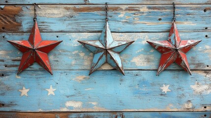 Three rustic stars hanging on weathered wooden planks.