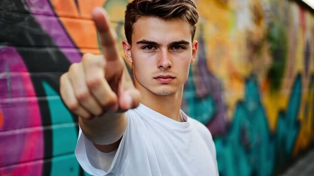 This dynamic video showcases a young man with an assertive gesture. Set against vibrant street art, it embodies confidence and urban culture. Perfect for creative projects. Generative AI